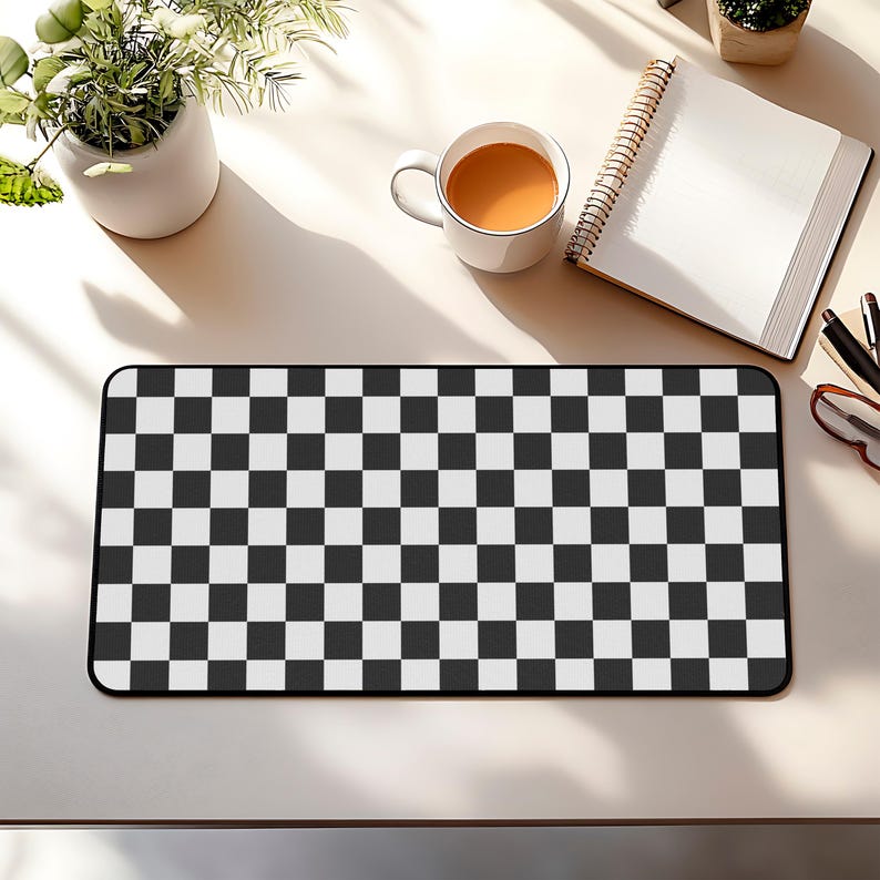 Checkered Computer Desk Mat, Black and White Desk Mat, Checkered Office Decor, 70’s retro Mouse Pad image 1