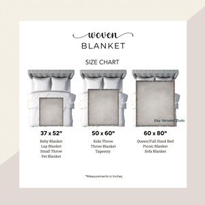 May include: A size chart for woven blankets, featuring three different sizes: 37 x 52 inches, 50 x 60 inches, and 60 x 80 inches. Each size is displayed on a bed, with text indicating the blanket's use, such as baby, lap, or picnic.