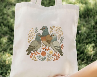 Cute Pigeon Floral Tote Bag, Pigeon Canvas Bag, Pigeon Lover Gift, Floral Canvas Tote Bag, Reusable Market Bag