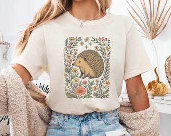 Camiseta de erizo con flores adorables, camiseta de erizo, camiseta para amantes de los erizos, regalo para amantes de los erizos con flores silvestres, camiseta con estampado de silueta de erizo