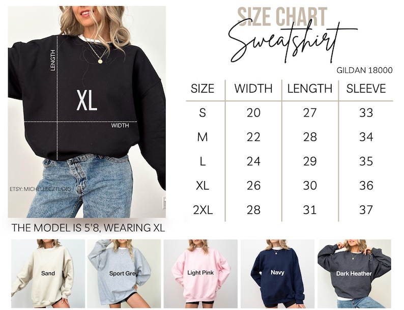 The image is a size chart for a black sweatshirt, including various sizes and corresponding measurements.