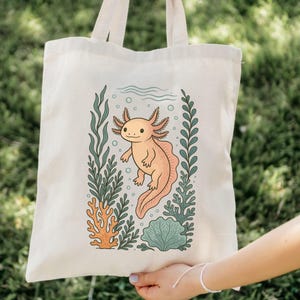 Cute Axolotl Floral Tote Bag, Axolotl Canvas Bag, Axolotl Lover Gift, Floral Canvas Tote Bag, Reusable Market Bag