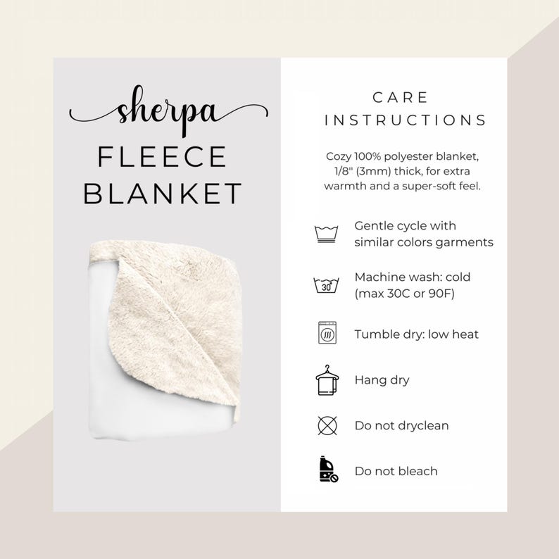 May include: A white sherpa fleece blanket with a soft, textured surface. The blanket is 1/8 inch (3mm) thick and made of 100% polyester. Care instructions are included, detailing washing and drying guidelines.