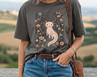 Cute Flower Axolotl Shirt, Axolotl T-shirt, Axolotl Lover Tee, Salamander Tshirt, Amphibian Tee, Kawaii Axolotl Gift