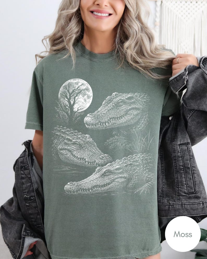 Crocodile and Moon Vintage 90s Style Comfort Colors Tee, Retro Wildlife Shirt, Alligator Lover Gift image 6