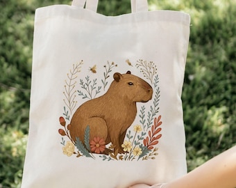 Cute Capybara Floral Tote Bag, Capybara Canvas Bag, Capybara Lover Gift, Floral Canvas Tote Bag, Reusable Market Bag