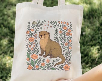 Cute Otter Floral Tote Bag, Sea Otter Canvas Bag, Otter Lover Gift, Floral Canvas Tote Bag, Reusable Market Bag