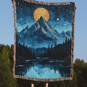 Night Sky Woven Blanket - Mountain Winter Landscape Woven Tapestry - Snow Mountain  Throw Wall Decor Aesthetic - Starry Night Tapestry