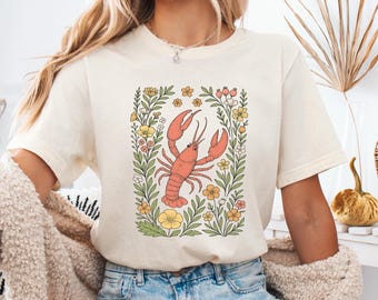 かわいい花柄ロブスターシャツ、ロブスターTシャツ、ロブスター好きのためのTシャツ、花柄ロブスターギフト、海の生き物グラフィックTシャツ