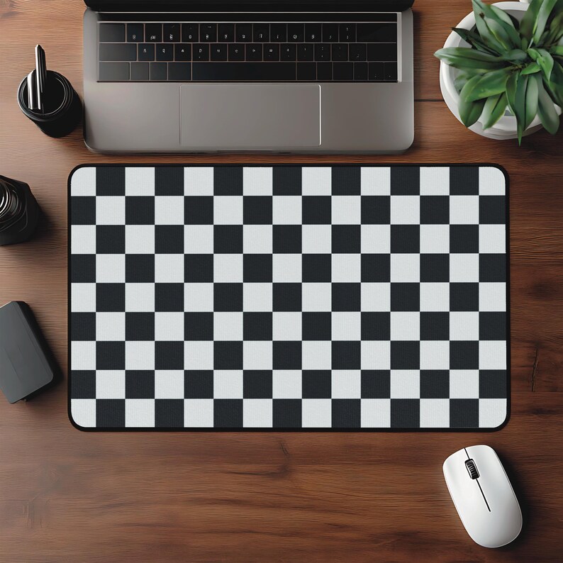 Checkered Computer Desk Mat, Black and White Desk Mat, Checkered Office Decor, 70’s retro Mouse Pad image 4