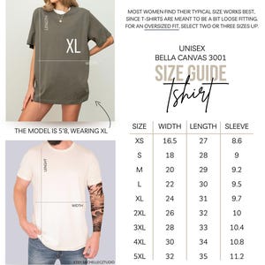 Puede incluir: Gu&iacute;a de tallas de camisetas unisex Bella Canvas 3001. La gu&iacute;a incluye medidas de ancho, largo y largo de manga en cm para las tallas XS a 5XL. La modelo mide 1,73 m y lleva una talla XL.