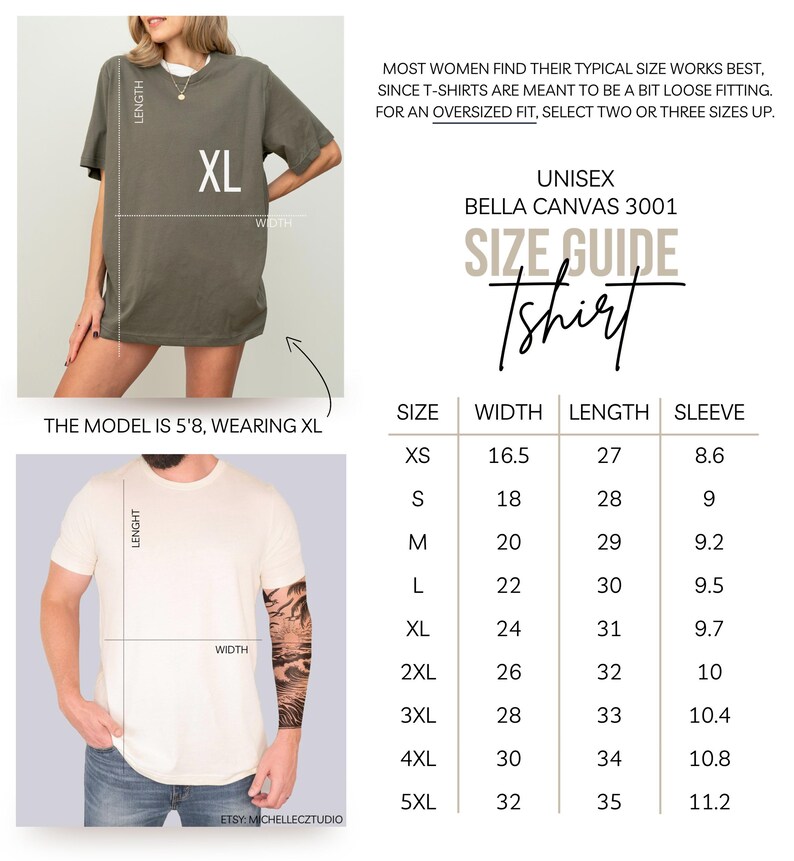 Puede incluir: Gu&iacute;a de tallas de camisetas unisex Bella Canvas 3001. La gu&iacute;a incluye medidas de ancho, largo y largo de manga en cm para las tallas XS a 5XL. La modelo mide 1,73 m y lleva una talla XL.