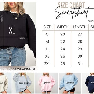 The image is a size chart for a black sweatshirt, including a model size chart and various color options.