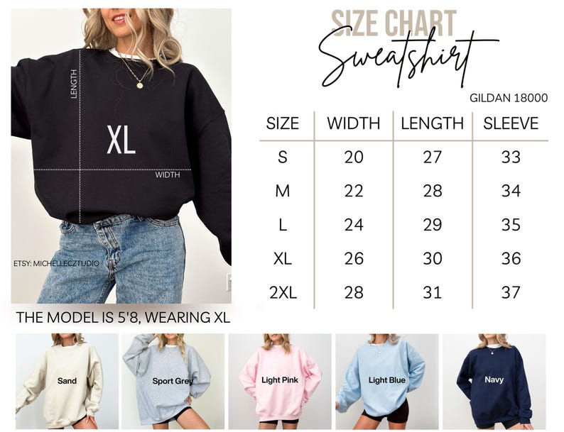 The image is a size chart for a black sweatshirt, including a model size chart and various color options.