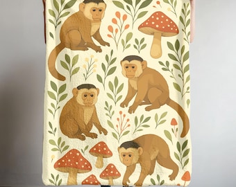 Capuchin Monkey Soft Blanket, Cottagecore Velveteen Throw, Floral Mushroom Tapestry, Cute Monkey Fleece Lap Throw