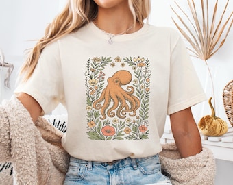 Camiseta de pulpo con flores, camiseta de pulpo, camiseta para amantes de los pulpos, regalo de pulpo floral, camiseta gráfica de criatura marina