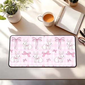 Bunny Coquette Desk Mat, Cute Bunnies Desk Mat, Bunny and Bows Pink Mouse Pad, Pastel Kawaii Desk Pad, Cute Bunny Office Decor