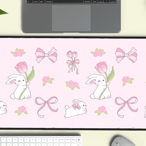 Bunny Coquette Desk Mat, Cute Bunnies Desk Mat, Bunny and Bows Pink Mouse Pad, Pastel Kawaii Desk Pad, Cute Bunny Office Decor