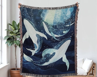 Whale Woven Blanket, Whale Floral Boho woven tapestry, Whale Throw Wall Decor Aesthetic, Ocean Blanket for movie night