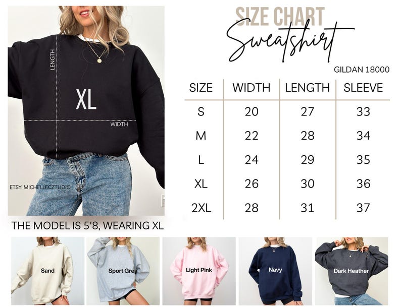 The image is a size chart for a black sweatshirt, including various sizes and corresponding measurements.