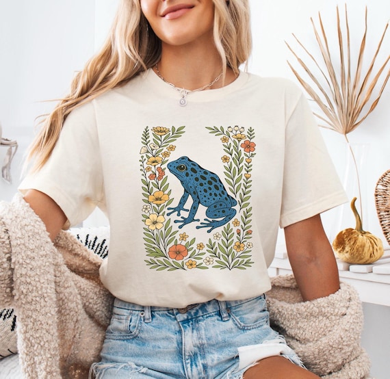 かわいい花柄の青いヤドクガエルのシャツ、ヒキガエルのTシャツ