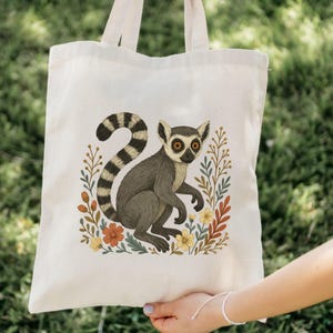 Cute Lemur Floral Tote Bag, Ring-Tailed Lemur Canvas Bag, Lemur Lover Gift, Floral Canvas Tote Bag, Reusable Market Bag