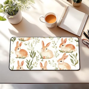 Bunny Botanical Desk Mat, Cute Bunnies Desk Mat, Bunny Cottagecore Mouse Pad, Kawaii Desk Pad, Cute Bunny Office Decor