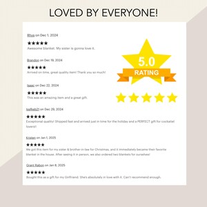 May include: Image features a graphic with the text "LOVED BY EVERYONE!" and customer reviews. A yellow star graphic with a "5.0 RATING" banner is also present. Reviews mention blanket quality and gift-giving.