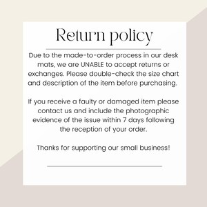 a white piece of paper with the words return policy on it