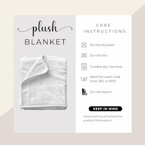 May include: A white plush blanket is folded neatly, with the words "plush BLANKET" in elegant script. Care instructions are listed, including "Do not dryclean" and "Machine wash: cold (max 30C or 90F)."