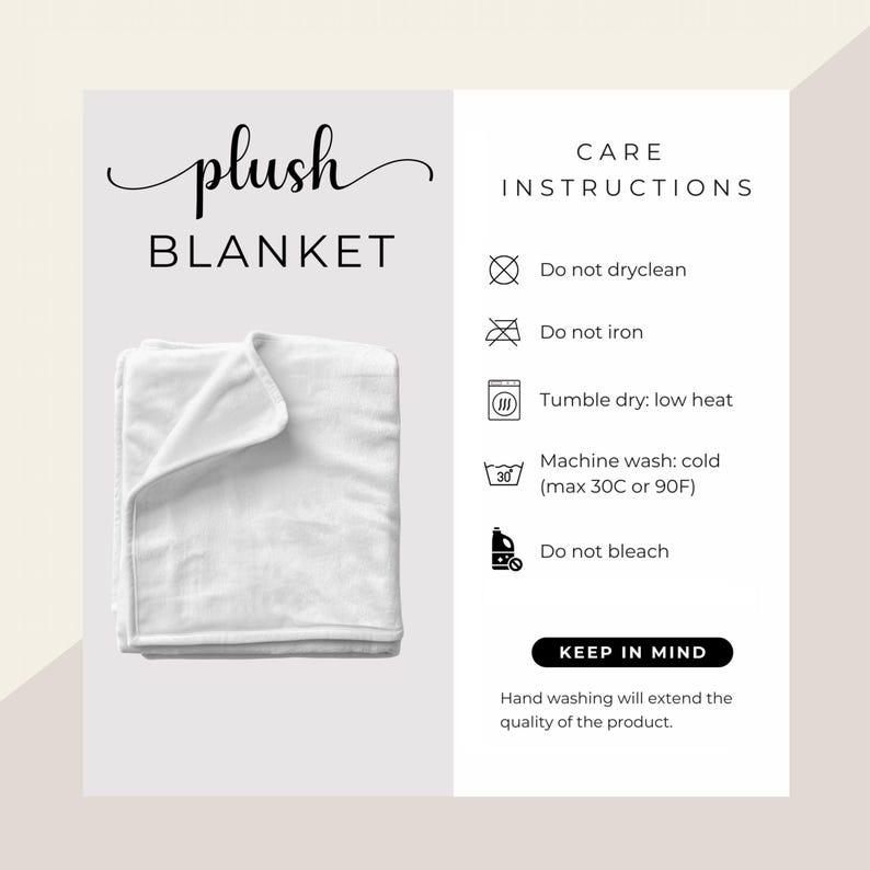 May include: A white plush blanket is folded neatly, with the words "plush BLANKET" in elegant script. Care instructions are listed, including "Do not dryclean" and "Machine wash: cold (max 30C or 90F)."