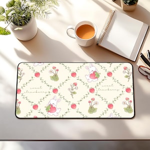 Bunny and Strawberries Desk Mat, Cute Bunnies Desk Mat, Bunny Cottagecore Mouse Pad, Pastel Kawaii Desk Pad, Cute Bunny Office Decor