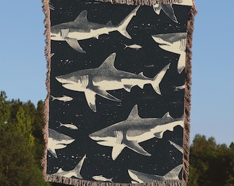 Shark Black Woven Blanket, Shark Boho woven tapestry, Sea Creature Throw Wall Decor Aesthetic Cottagecore, Ocean Blanket for movie night