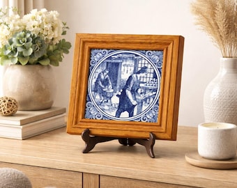 Vintage Dutch Delft Style Tile Wooden Frame Blue White Kitchen Wall Decor