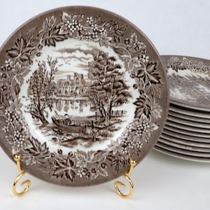 Antyczny angielski talerz z żelaznego kamienia, brązowy, transferowy, pejzaż, 17,5 cm, Anglia