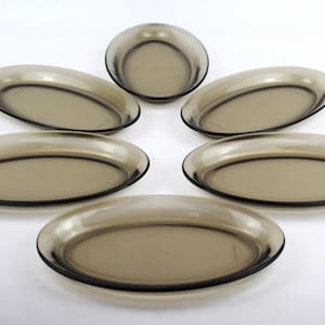 May include: Six oval-shaped, smoky-gray glass plates with a black trim. The plates are arranged in a circular pattern, with one plate in the center and the others surrounding it. The plates are empty and appear to be new.