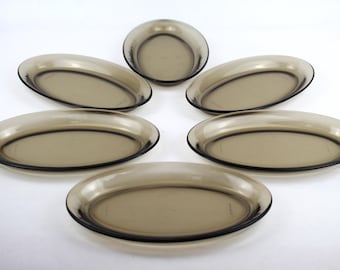 Vintage Arcoroc Glass Plates Set of 6 Smoked Grey Oval 25.5 cm France