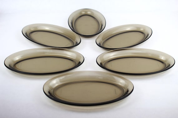 Vintage Arcoroc Glass Plates Set of 6 Smoked Grey Oval 25.5 cm France