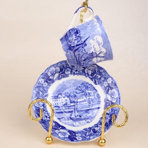 Vintage Palissy Pottery Thames River Scenes – Cup & Saucer Pair, England Blue Transferware