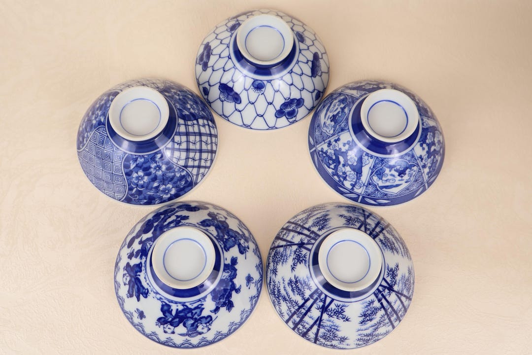 Japanese Porcelain Rice Bowl Set Blue White Floral Pattern 5 Pcs Japan ...