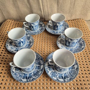 Vintage Japanese Blue and White Porcelain Tea Cup Set – 6 Pieces