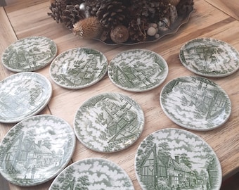 Vintage Ironstone Plates Set of 10 Staffordshire Old Inn Green 11.5 cm England