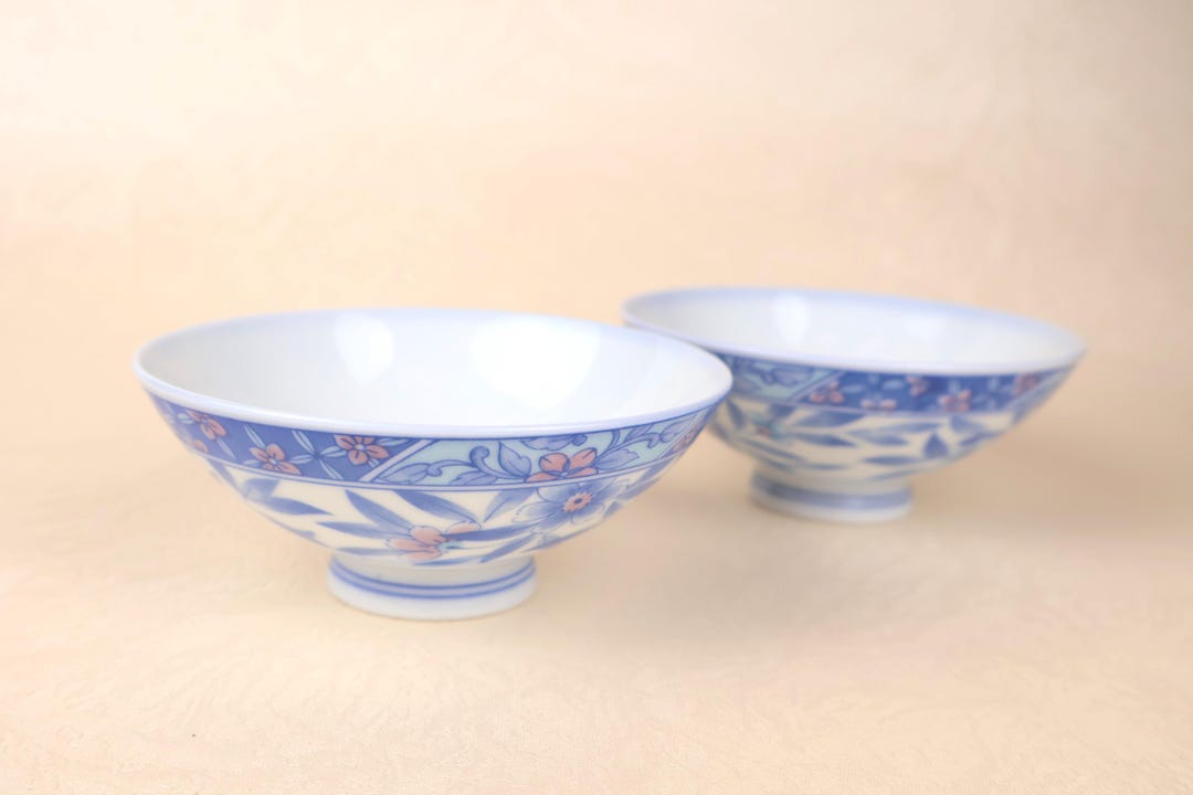 Modern Japanese Style Porcelain Rice Bowl Set Blue Floral Pattern 12 Cm ...