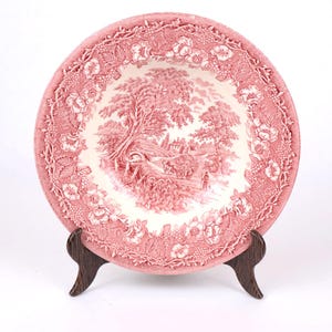 Può includere: Un piatto in ceramica rosa e bianco con una scena paesaggistica dettagliata al centro. Il piatto ha un bordo floreale ed è esposto su un supporto in legno scuro. Il design è in stile classico e vintage.