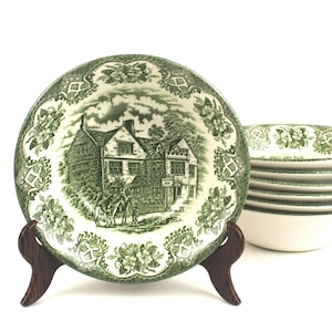 Bol de sopa antiguo de Staffordshire Ironstone Old Inn Green Transferware de 16 cm, Inglaterra