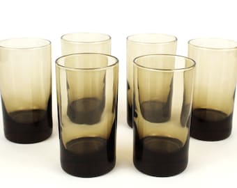 Vintage Glassware Set of 6 Amber Glass Tumblers Smoked Brown Drinkware