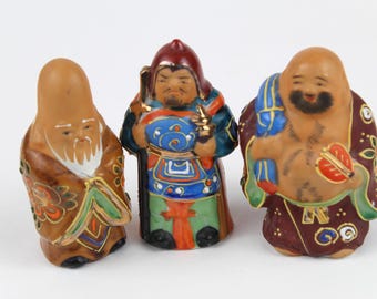 福禄寿 陶器像 2体、日本美術、日本の陶器、福禄寿、陶器の置物 青と白