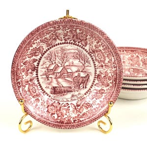 Bols vintage anglais Staffordshire Transferware Four Seasons Red 14 cm Angleterre