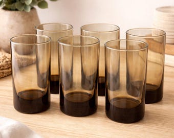 Vintage Glassware Set of 6 Amber Glass Tumblers Smoked Brown Drinkware