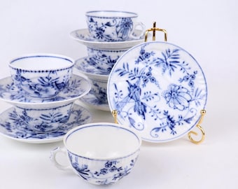 Vintage Blue Onion Tea Cup and Saucer Porcelain Germany Blue White 8 cm